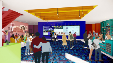 Rendering of a colorful M Street Center interior gathering space